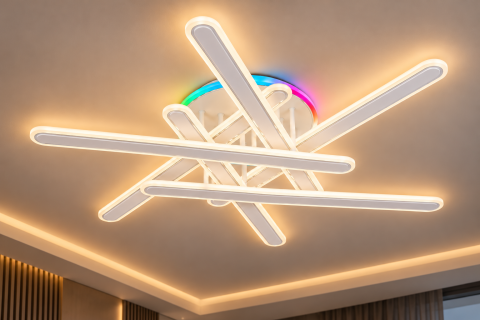Casa - Plafoniera LED moderna AVI®, 6 brate de 60 cm, alba, 210W, 3 tipuri de lumina, RGB ambiental, telecomanda, suport Ø30 cm, AVI-5667