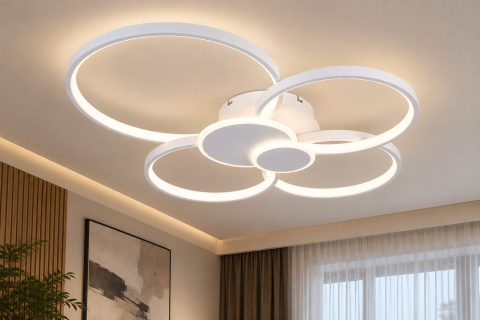 Aplice si plafoniere - Plafoniera LED moderna AVI®, 6 corpuri circulare, alba, 178W, 3 tipuri de lumina, telecomanda, AVI-5685