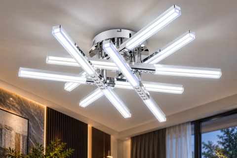 Casa - Plafoniera LED moderna AVI®, crom, 168W, 3 tipuri de lumina, telecomanda, 6 brate 60 cm, AVI-5676