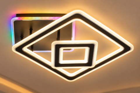 Casa - Plafoniera LED moderna AVI®, cu 2 rame geometrice luminoase, neagra, 112W, 3 tipuri de lumina, RGB ambiental, telecomanda, AVI-5669
