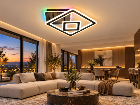 Plafoniera LED moderna AVI®, cu 2 rame geometrice luminoase, neagra, 112W, 3 tipuri de lumina, RGB ambiental, telecomanda, AVI-5669 [1]