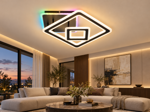 Plafoniera LED moderna AVI®, cu 2 rame geometrice luminoase, neagra, 112W, 3 tipuri de lumina, RGB ambiental, telecomanda, AVI-5669 [2]