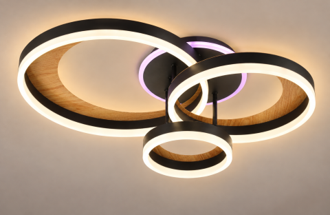 Casa - Plafoniera LED moderna, negru + lemn, 3 inele Ø20/30/40 cm, RGB, telecomanda, 102W, AVI-5686
