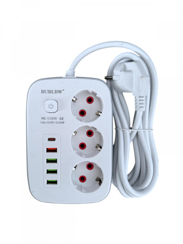 Prelungitoare - Prelungitor cu 3 prize, 4 USB si 1 USB-C, cablu 2.8 metri, 2500W AVI-4798