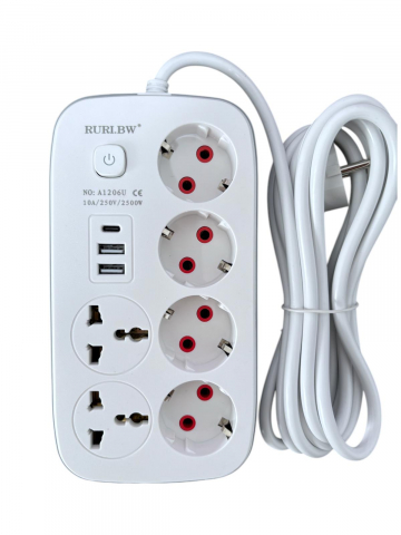 Iluminat & Electrice - Prelungitor cu 6 prize, 2 UK, 4 EU standard, 2 USB si 1 USB-C, cablu 2.8 metri, 2500W AVI-4799