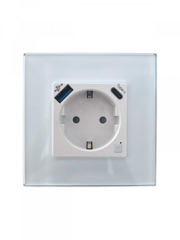 Prize - Priza smart incastrata, 16A, USB-A si Type-C, monitorizare consum si control prin aplicatia Tuya - Smartlife, compatibila Amazon Alexa si Google Assistant, rama sticla securizata, alb, AVI-4653
