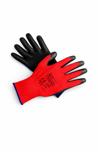 Manusi protectia muncii - Set 12 perechi mănuși de lucru AVI®, subțiri, roșu–negru, mărimea 10 (L), AVI-1269