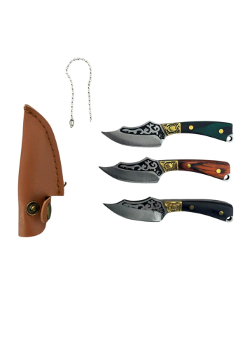 Camping, Outdoor & Bushcraft - Set 3 bucăți mini cuțit AVI®, cu teacă, lamă 4.3 cm, lungime totală 9 cm, 20 g/buc, cu lanțișor pentru breloc, AVI-5109