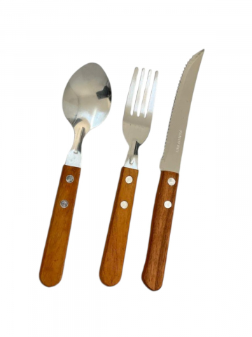 Tacamuri si seturi - Set 3 piese, lingura, furculita si cutit, maner lemn, AVI-4082