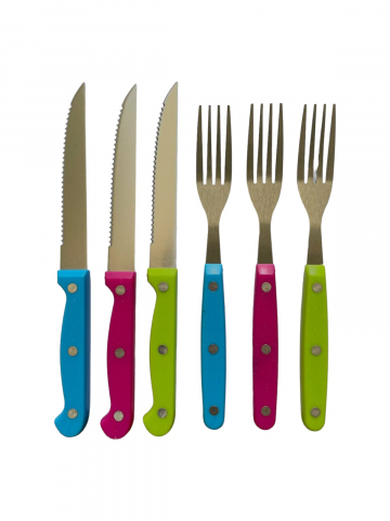 Tacamuri si seturi - Set 6 piese, 3 cutite si 3 furculite, manere colorate, AVI-4084