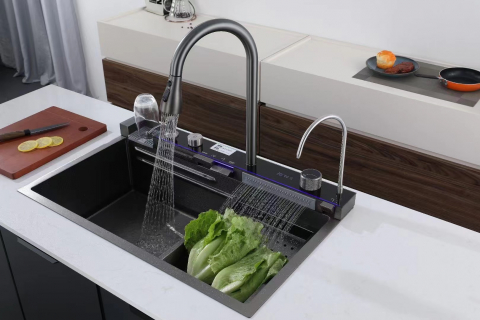 Set chiuveta si baterie AVI® cu dublu waterfall, afisaj electronic autonom, 750mm x 460mm, nu necesita conectarea la o sursa de energie, dark grey, AVI-4089 [2]