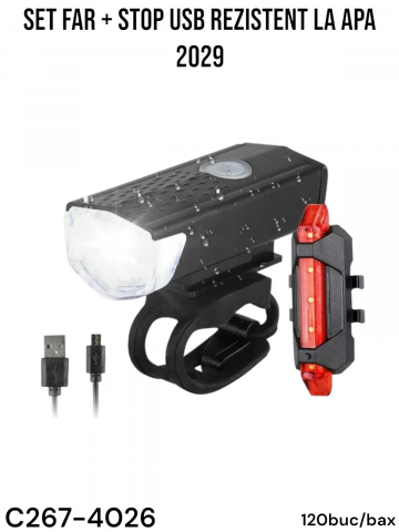 Set far si stop pentru bicicleta, incarcare USB, far 7.5cm, waterproof, AVI-4026 [1]
