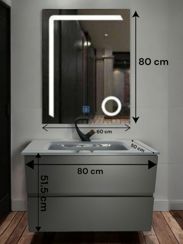 Set mobilier baie suspendat din compozit mineral, corp 80x50x51.5 cm cu blat din sticlă și lavoar integrat, oglindă LED 60x80 cm, AVI-4104 [3]