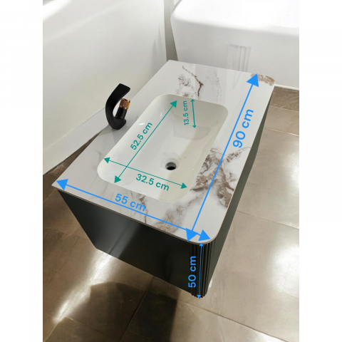 Set mobilier baie suspendat din compozit mineral, corp 90x55x50 cm cu blat din marmură și lavoar integrat, oglindă LED Ø80 cm cu funcție de dezaburire, verde închis, AVI-4111 [5]