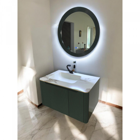 Oglinzi si mobilier baie - Set mobilier baie suspendat din compozit mineral, corp 90x55x50 cm cu blat din marmură și lavoar integrat, oglindă LED Ø80 cm cu funcție de dezaburire, verde închis, AVI-4111