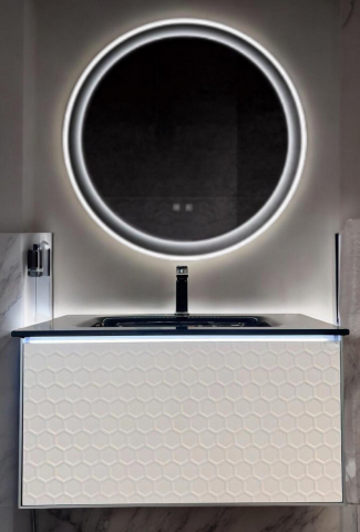 Set mobilier baie suspendat din compozit mineral, corp 60x50x41.5 cm cu lavoar negru și bandă LED cu senzor, oglindă LED rotundă Ø58.5 cm, AVI-4107 [0]