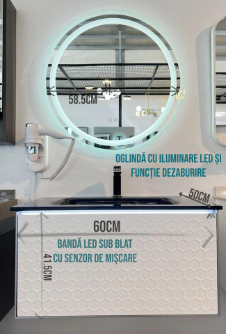 Set mobilier baie suspendat din compozit mineral, corp 60x50x41.5 cm cu lavoar negru și bandă LED cu senzor, oglindă LED rotundă Ø58.5 cm, AVI-4107 [2]