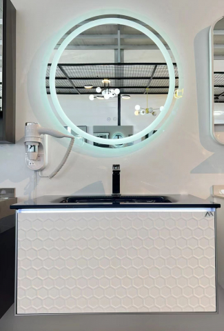 Set mobilier baie suspendat din compozit mineral, corp 60x50x41.5 cm cu lavoar negru și bandă LED cu senzor, oglindă LED rotundă Ø58.5 cm, AVI-4107 [3]