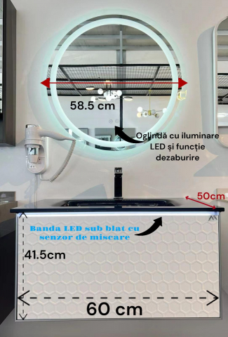 Set mobilier baie suspendat din compozit mineral, corp 60x50x41.5 cm cu lavoar negru și bandă LED cu senzor, oglindă LED rotundă Ø58.5 cm, AVI-4107 [1]