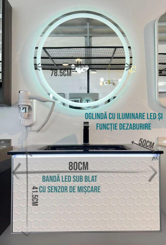 Set mobilier baie suspendat din compozit mineral, corp 80x50x41.5 cm cu lavoar negru și bandă LED cu senzor, oglindă LED rotundă Ø78.5 cm, AVI-4108 [2]