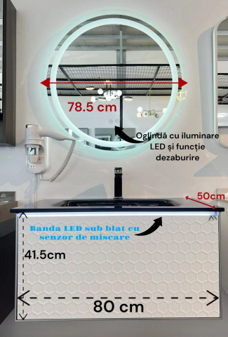 Set mobilier baie suspendat din compozit mineral, corp 80x50x41.5 cm cu lavoar negru și bandă LED cu senzor, oglindă LED rotundă Ø78.5 cm, AVI-4108 [3]