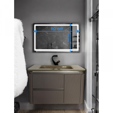 Set mobilier baie suspendat din compozit mineral, corp 80x50x49.5 cm cu lavoar din sticlă și bandă LED cu senzor, oglindă LED 80x60 cm, AVI-4105 [4]