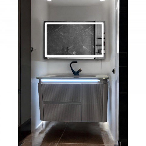 Oglinzi si mobilier baie - Set mobilier baie suspendat din compozit mineral, corp 80x50x49.5 cm cu lavoar din sticlă și bandă LED cu senzor, oglindă LED 80x60 cm, AVI-4105