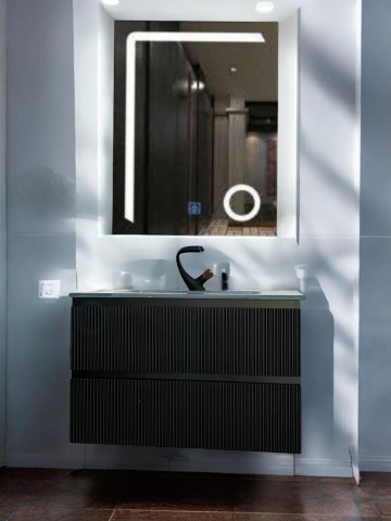 Oglinzi si mobilier baie - Set mobilier baie suspendat din compozit mineral, corp 80x50.5x51.5 cm cu blat din sticlă și lavoar integrat, oglindă LED 60x80 cm inclusă, AVI-4109