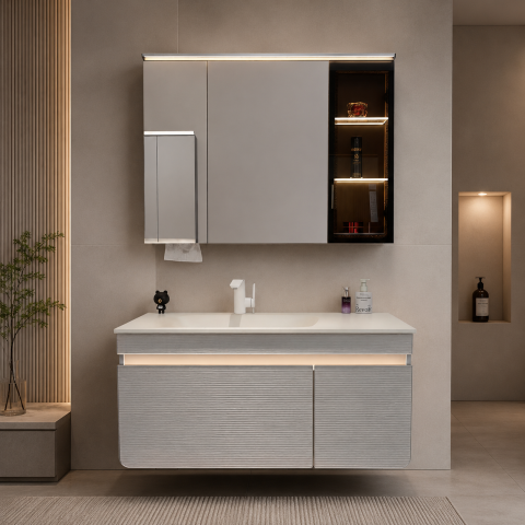 Set mobilier suspendat pentru baie, AVI®, 100 cm, cu lavoar, oglindă cu zone de depozitare, iluminare LED, AVI-5486 [3]