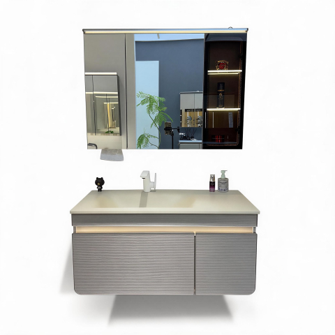 Set mobilier suspendat pentru baie, AVI®, 100 cm, cu lavoar, oglindă cu zone de depozitare, iluminare LED, AVI-5486 [5]