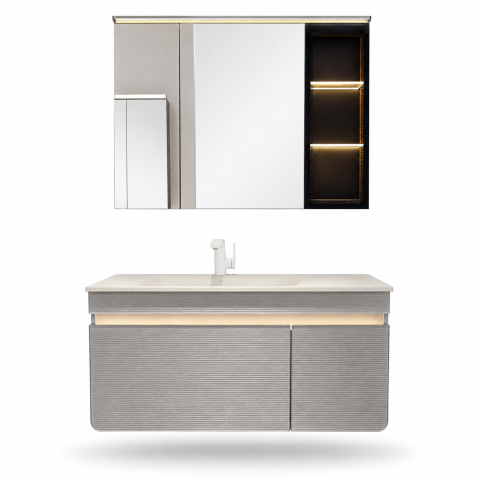 Set mobilier suspendat pentru baie, AVI®, 100 cm, cu lavoar, oglindă cu zone de depozitare, iluminare LED, AVI-5486 [2]