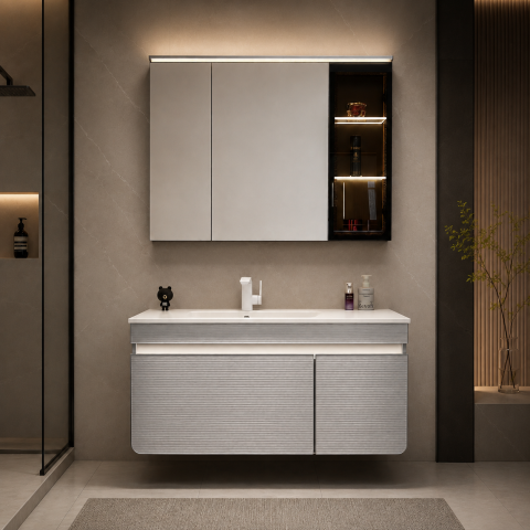 Oglinzi si mobilier baie - Set mobilier suspendat pentru baie, AVI®, 100 cm, cu lavoar, oglindă cu zone de depozitare, iluminare LED, AVI-5486