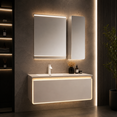 Oglinzi si mobilier baie - Set mobilier suspendat pentru baie, AVI®, 120 cm, cu lavoar, oglindă, corp suspendat cu ușă oglindă, iluminare LED pe mobilier și oglindă, AVI-5487