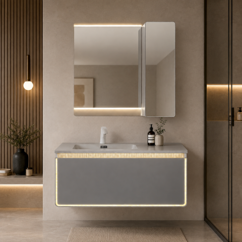 Set mobilier suspendat pentru baie, AVI®, 120 cm, cu lavoar, oglindă, corp suspendat cu ușă oglindă, iluminare LED pe mobilier și oglindă, AVI-5487 [1]