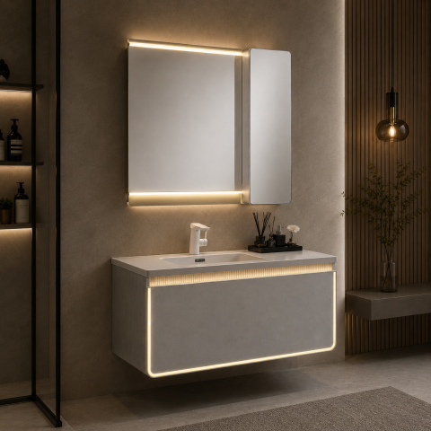 Set mobilier suspendat pentru baie, AVI®, 120 cm, cu lavoar, oglindă, corp suspendat cu ușă oglindă, iluminare LED pe mobilier și oglindă, AVI-5487 [3]