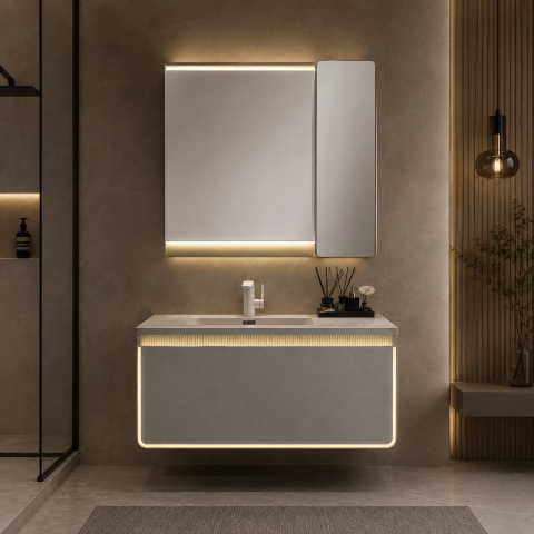 Set mobilier suspendat pentru baie, AVI®, 120 cm, cu lavoar, oglindă, corp suspendat cu ușă oglindă, iluminare LED pe mobilier și oglindă, AVI-5487 [2]