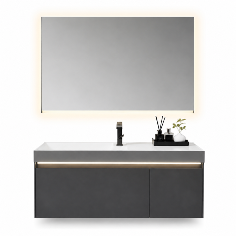 Set mobilier suspendat pentru baie, AVI®, 120 cm, cu lavoar, oglindă cu iluminare LED și corp inferior cu iluminare LED, spații de depozitare, AVI-5489 [3]