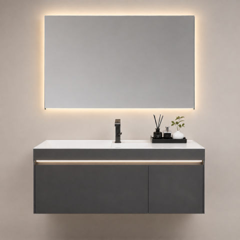 Oglinzi si mobilier baie - Set mobilier suspendat pentru baie, AVI®, 120 cm, cu lavoar, oglindă cu iluminare LED și corp inferior cu iluminare LED, spații de depozitare, AVI-5489