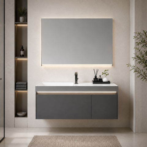 Set mobilier suspendat pentru baie, AVI®, 120 cm, cu lavoar, oglindă cu iluminare LED și corp inferior cu iluminare LED, spații de depozitare, AVI-5489 [2]