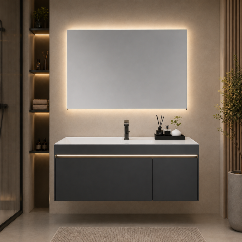 Set mobilier suspendat pentru baie, AVI®, 120 cm, cu lavoar, oglindă cu iluminare LED și corp inferior cu iluminare LED, spații de depozitare, AVI-5489 [1]