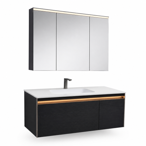 Set mobilier suspendat pentru baie, AVI®, 120 cm, cu lavoar, oglindă tip corp suspendat, iluminare LED pe mobilier și oglindă, spații de depozitare, AVI-5488 [1]