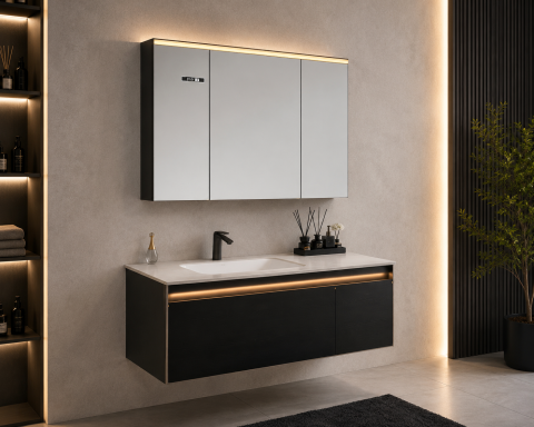 Set mobilier suspendat pentru baie, AVI®, 120 cm, cu lavoar, oglindă tip corp suspendat, iluminare LED pe mobilier și oglindă, spații de depozitare, AVI-5488 [2]