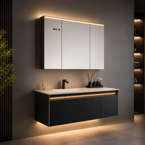 Set mobilier suspendat pentru baie, AVI®, 120 cm, cu lavoar, oglindă tip corp suspendat, iluminare LED pe mobilier și oglindă, spații de depozitare, AVI-5488 [3]
