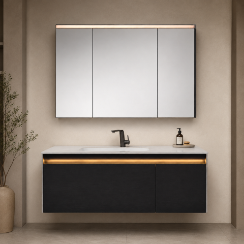 Oglinzi si mobilier baie - Set mobilier suspendat pentru baie, AVI®, 120 cm, cu lavoar, oglindă tip corp suspendat, iluminare LED pe mobilier și oglindă, spații de depozitare, AVI-5488
