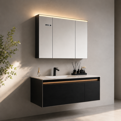 Set mobilier suspendat pentru baie, AVI®, 120 cm, cu lavoar, oglindă tip corp suspendat, iluminare LED pe mobilier și oglindă, spații de depozitare, AVI-5488 [4]
