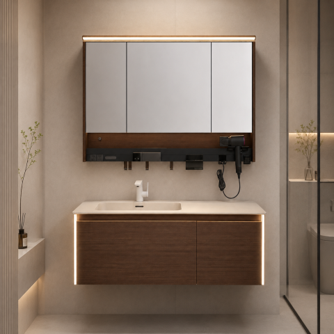 Set mobilier suspendat pentru baie, AVI®, 120 cm, cu lavoar, oglindă tip corp suspendat, iluminare LED pe mobilier și oglindă, spații de depozitare, finisaj maro, AVI-5490 [3]