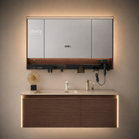 Oglinzi si mobilier baie - Set mobilier suspendat pentru baie, AVI®, 120 cm, cu lavoar, oglindă tip corp suspendat, iluminare LED pe mobilier și oglindă, spații de depozitare, finisaj maro, AVI-5490