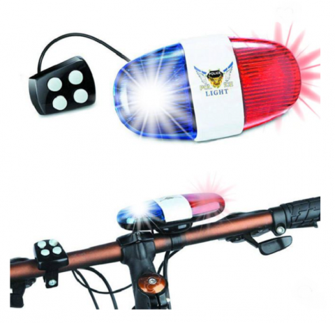 Accesorii si piese de schimb biciclete - Sonerie tip sirena politie pentru bicicleta, cu girofar, 4 melodii, 6 LED-uri, controler, fixare ghidon