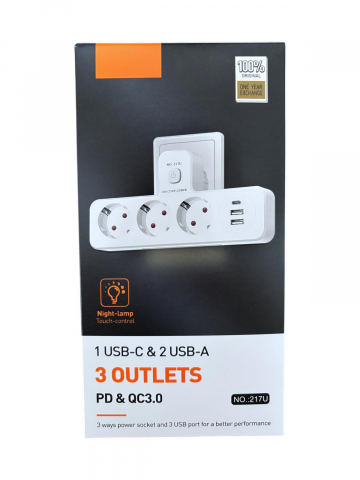 Triplu stecher 2500W, cu 3 prize, 2 x USB, 1 x USB-C fastcharge, 20w, cu intrerupator si iluminare LED, AVI-4801 [5]