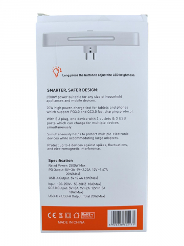 Triplu stecher 2500W, cu 3 prize, 2 x USB, 1 x USB-C fastcharge, 20w, cu intrerupator si iluminare LED, AVI-4801 [6]